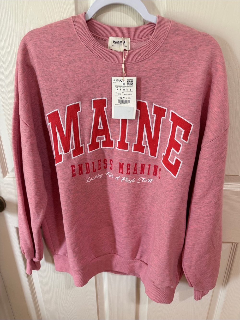 Pull&Bear Rose Pink 'MAINE' Graphic Crewneck Sweatshirt Sz S.  Box50